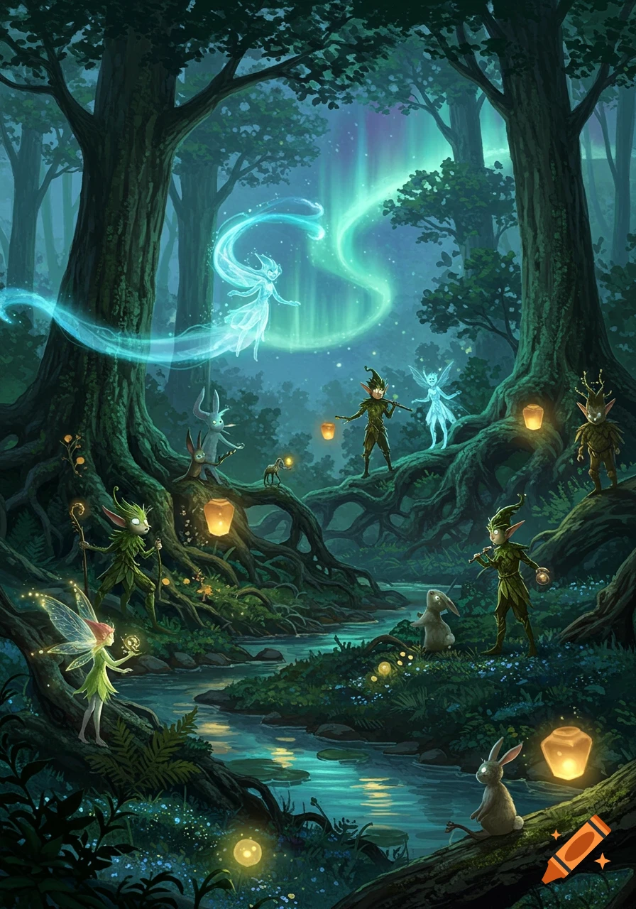 Fantasy art of an enchanted forest with fairies, elves, and rabbits by a glowing river, under an aurora-lit sky.