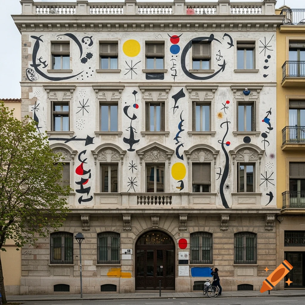 A building facade transformed into a Miró-inspired artwork with abstract shapes, colorful circles, and calligraphic lines. A person with a bicycle stands near the entrance.
