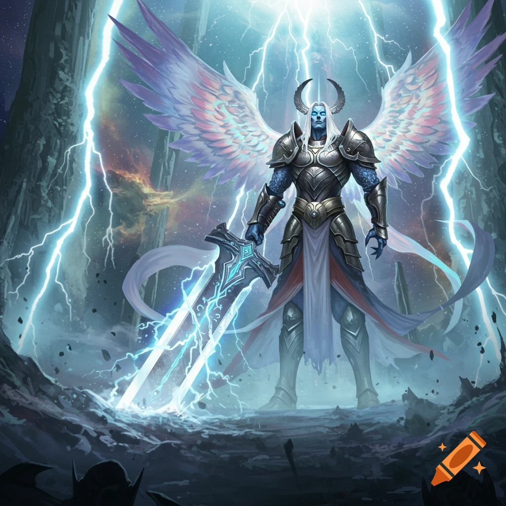 An armored, winged fantasy warrior with horns, blue skin, and glowing ...