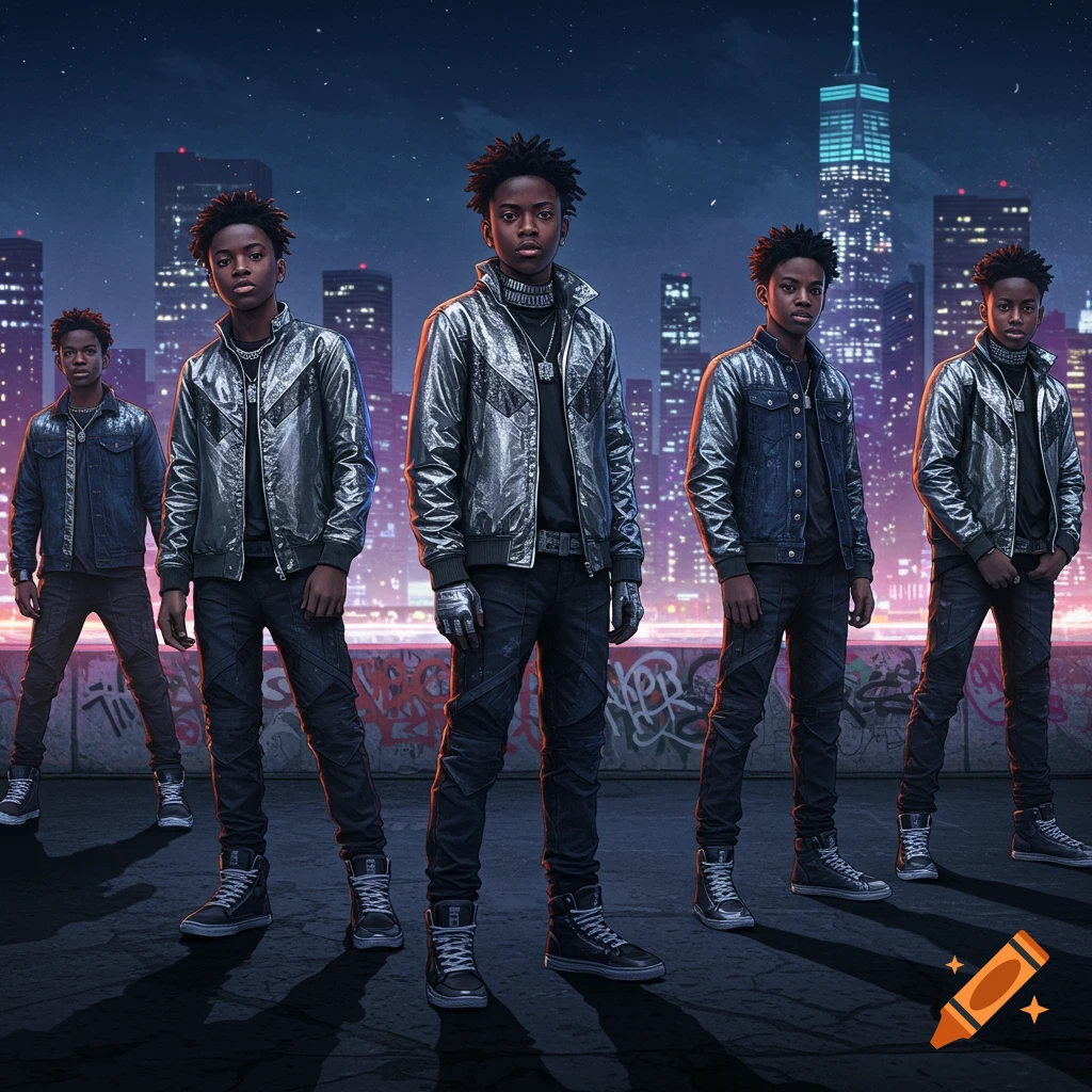 Five Black boys in metallic jackets and dark clothes stand in a stylish urban cityscape at night.