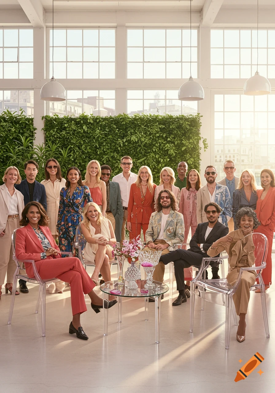 A diverse group of men and women pose in a bright, modern room with a green wall and large windows, some sitting on clear chairs around a glass table.