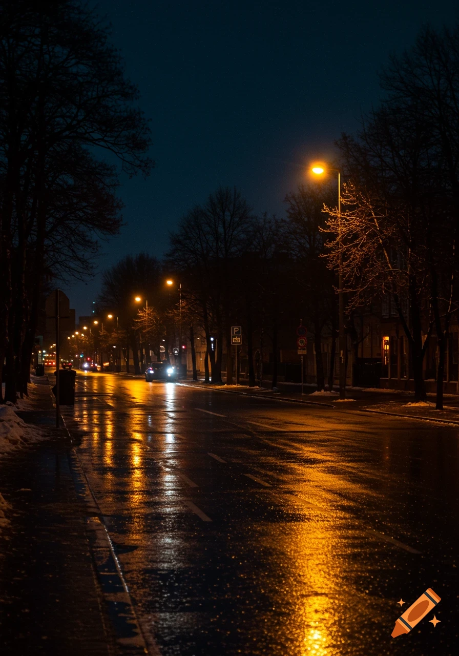 Wet city street at night with orange streetlights and car headlights reflecting on the dark road.