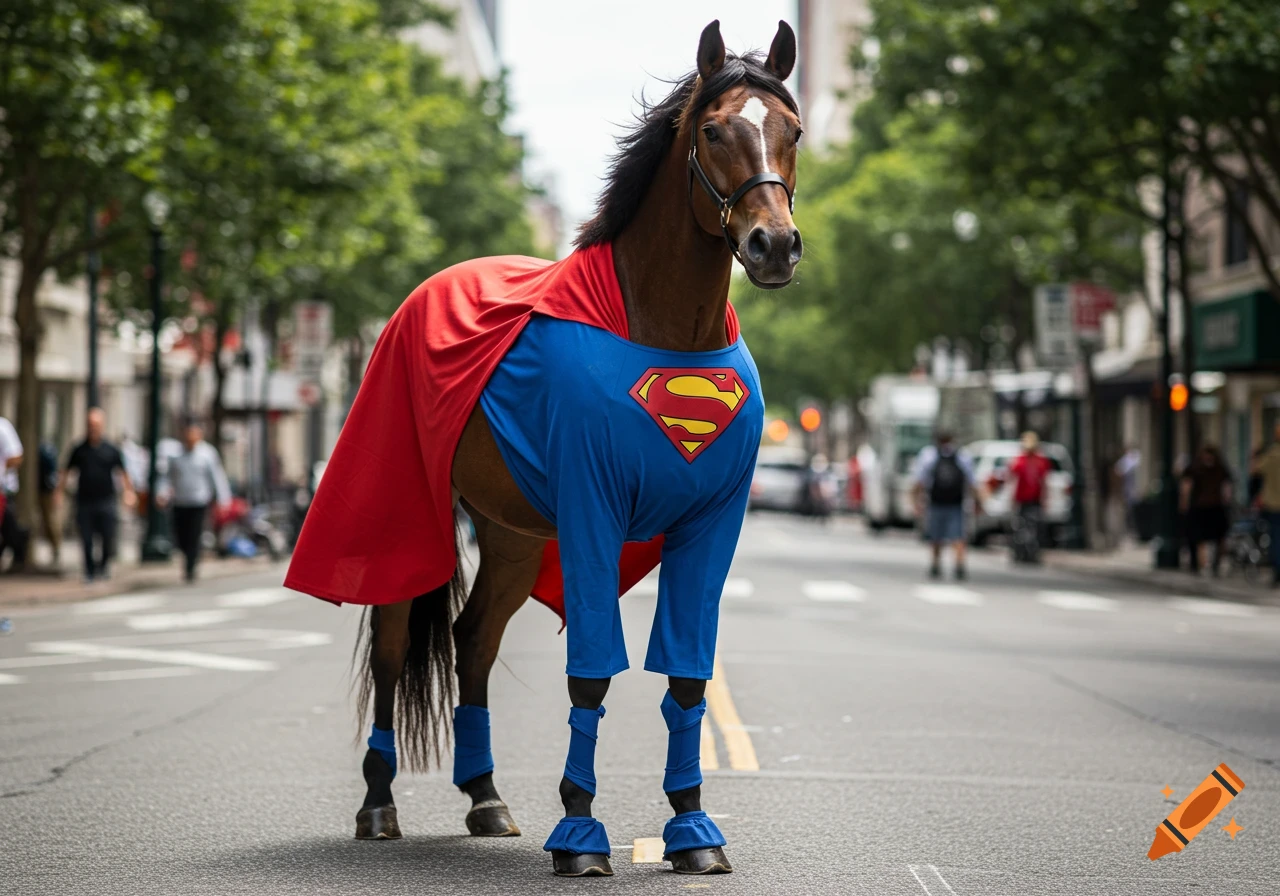 A brown horse wearing a blue Superman suit with a red cape stands in the middle of a city street.