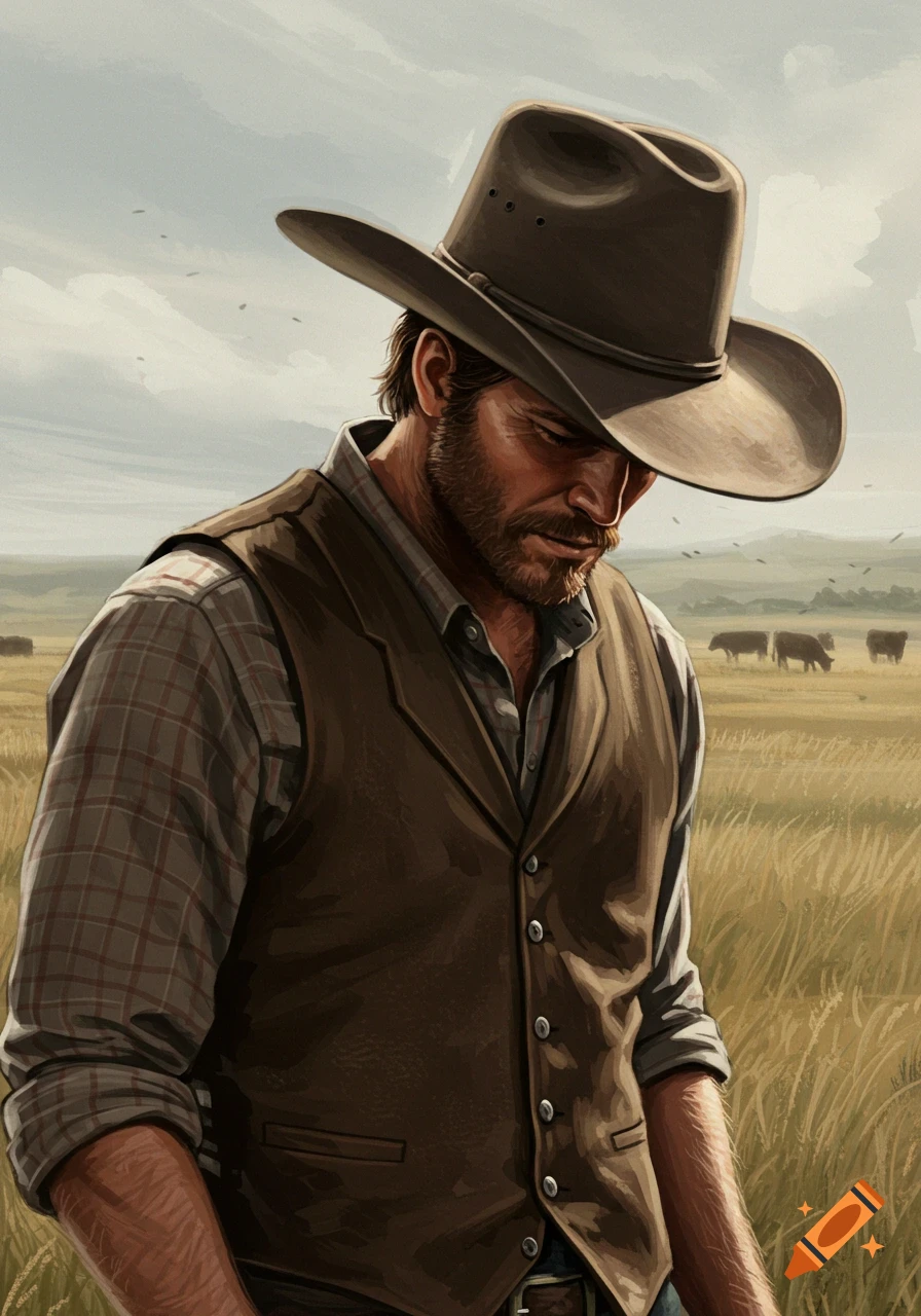Illustrated cowboy in a hat, looking down in a prairie with cattle in the distance, muted colors, moody.