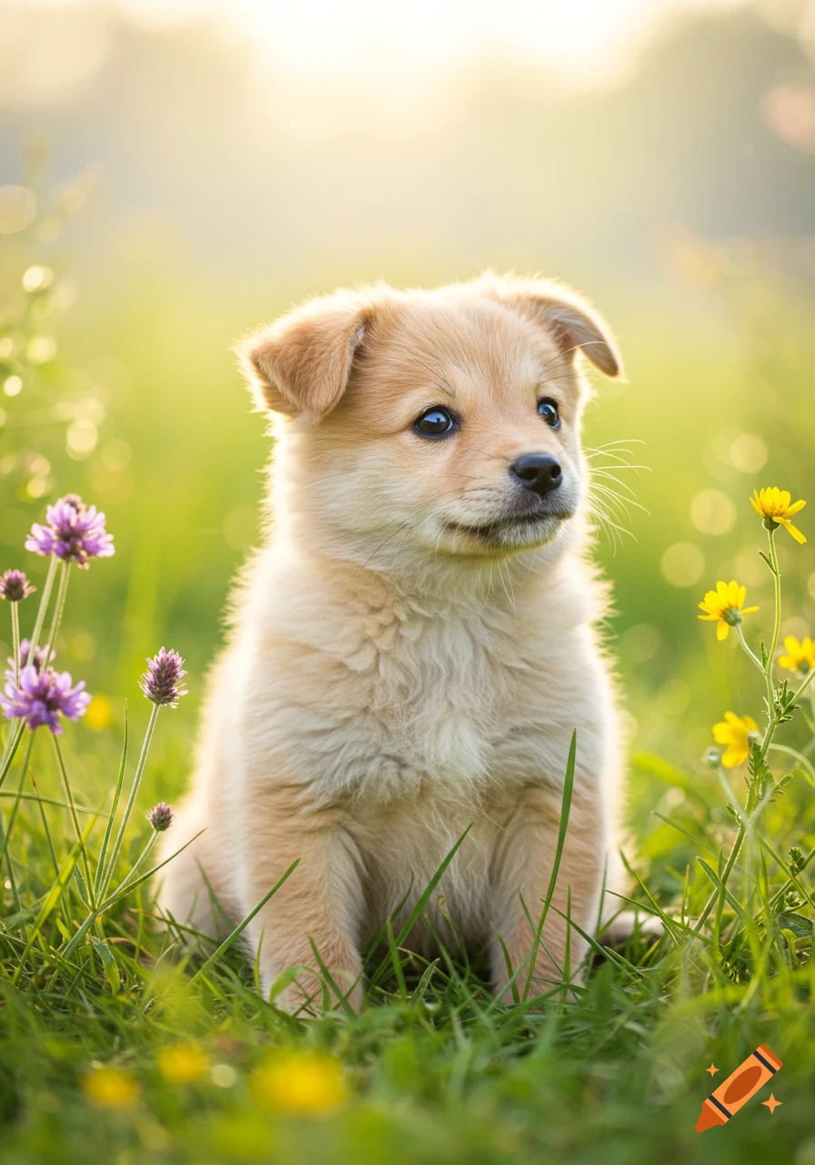 A fluffy golden-brown puppy sits in a sunlit grassy field with purple and yellow flowers.