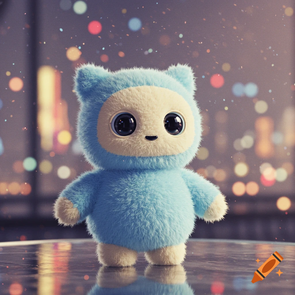 A cute, fluffy, light blue and cream robot with large black eyes stands on a reflective surface against a blurred city light background.