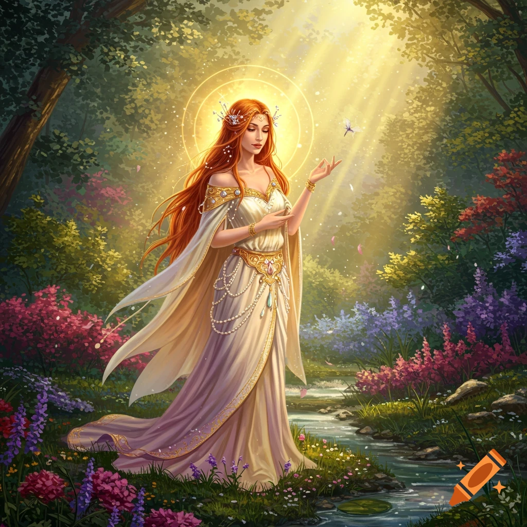 A red-haired goddess in a flowing white dress stands in a sunlit fantasy forest, a dragonfly near her outstretched hand.