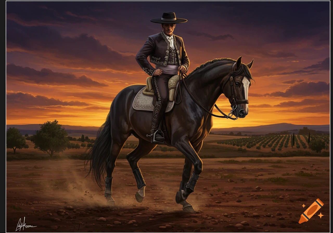 A man in traditional caballero attire rides a dark horse across a field at sunset.