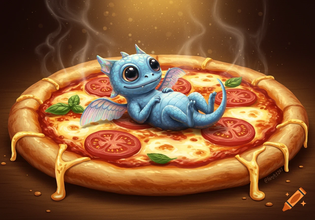 A cute, blue, winged dragon lying on its back on a cheesy pizza with tomato slices and basil, in a warm, whimsical style.