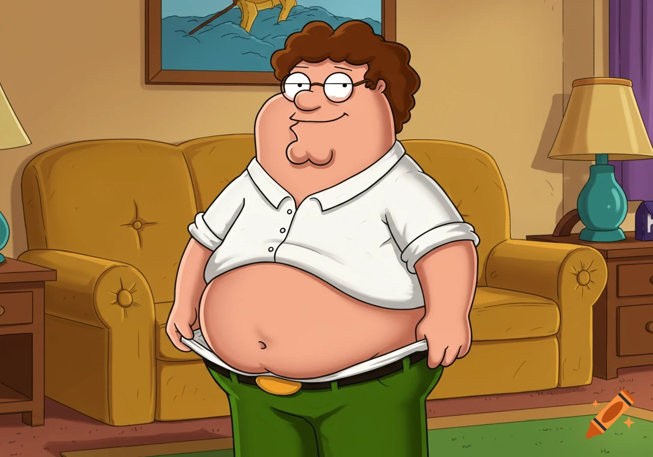 Peter Griffin in a cartoon style, pulling down his green pants to expose his large belly, standing in a living room.