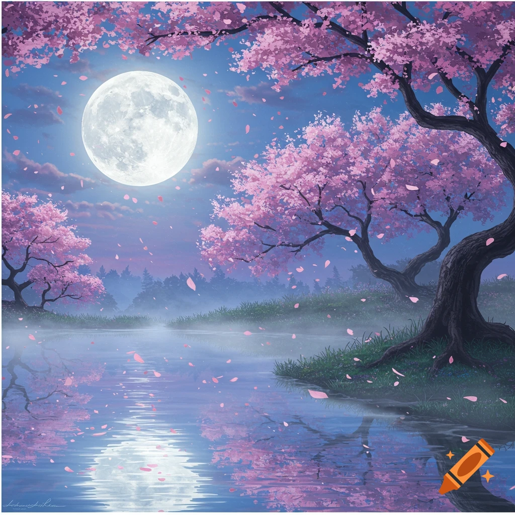 A serene night landscape featuring a large full moon reflected in a misty lake, surrounded by pink cherry blossom trees with falling petals.