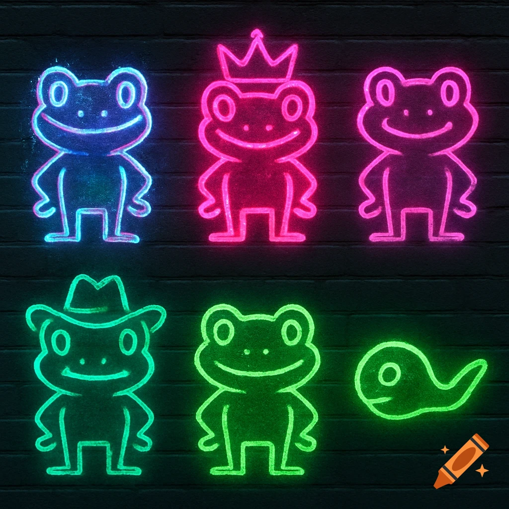 Six neon-style frog and tadpole icons on a dark brick wall, glowing blue, pink, and green.