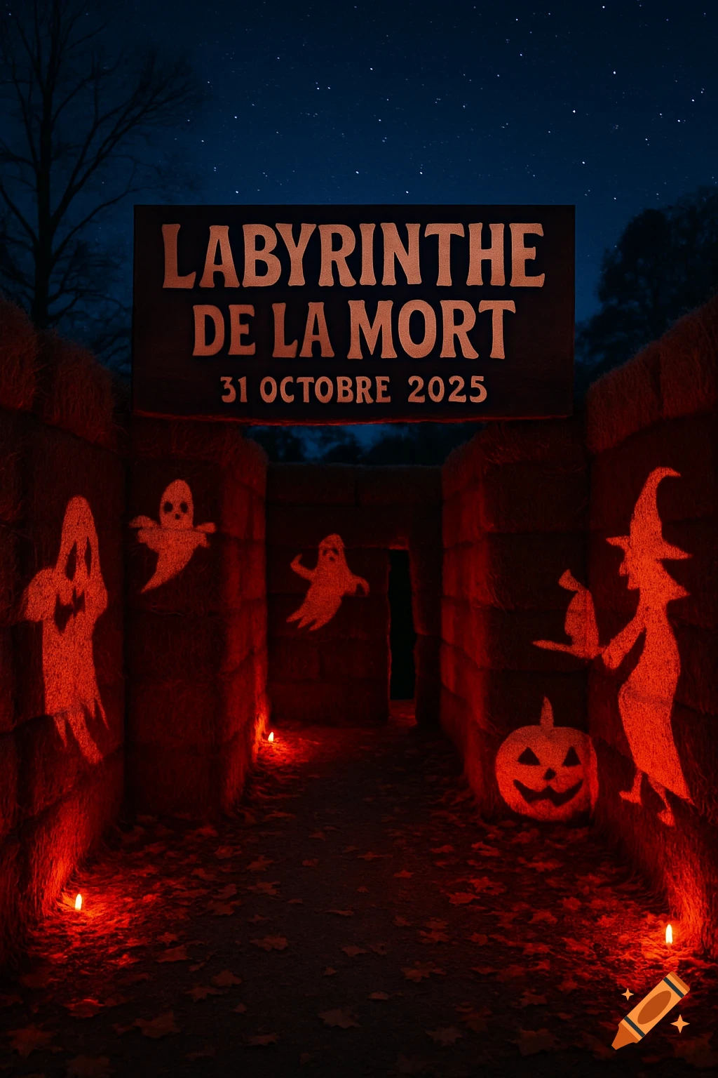 A dark Halloween maze made of hay bales, illuminated by red lights, with ghost, witch, and pumpkin silhouettes, under a starry night sky. A sign reads "LABYRINTHE DE LA MORT 31 OCTOBRE 2025".
