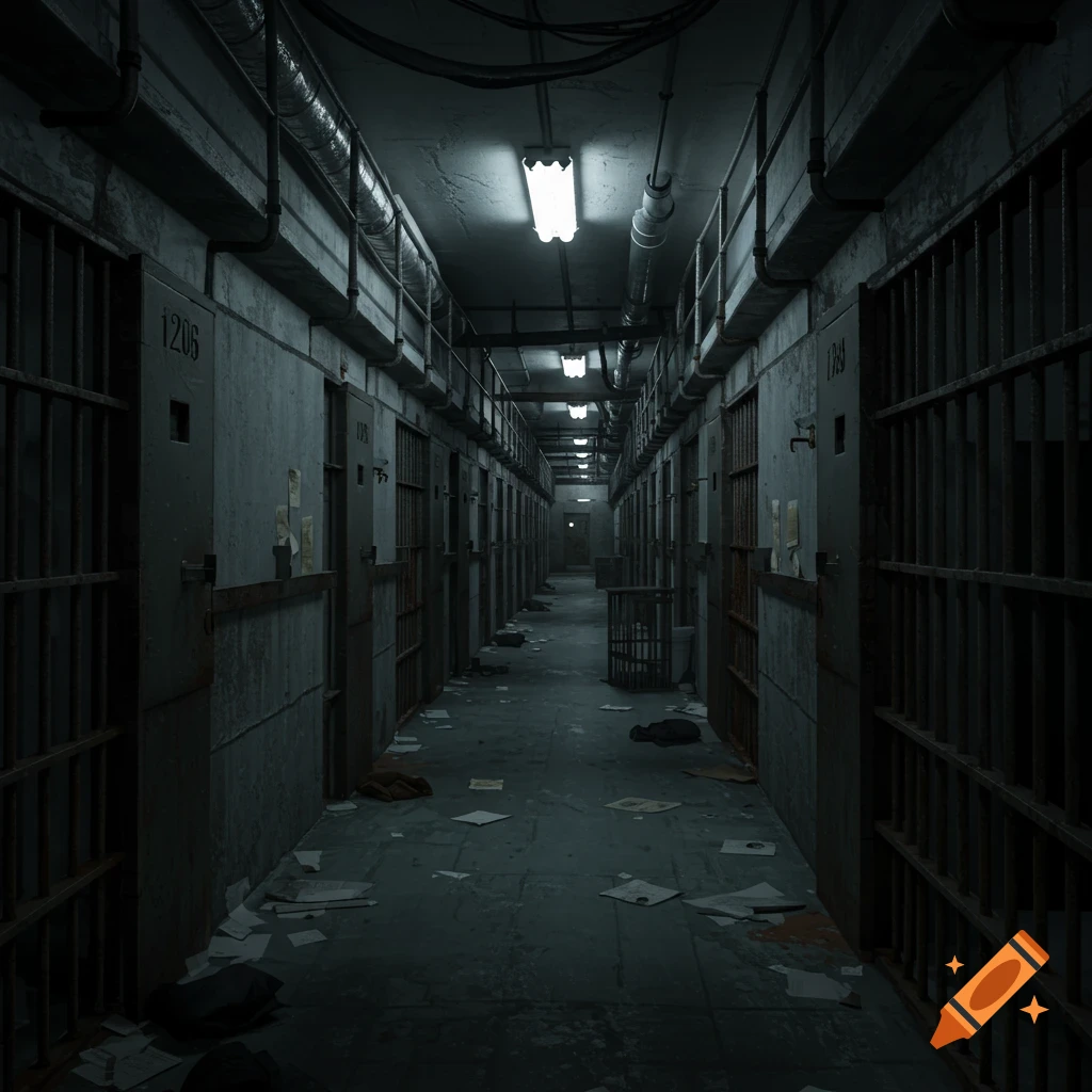 A dark, grunge-filled prison corridor with many barred cells and scattered papers on the floor.