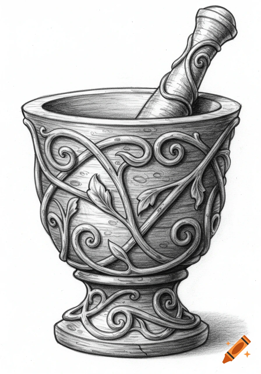 Detailed pencil drawing of an ornate mortar and pestle with vine and leaf motifs.