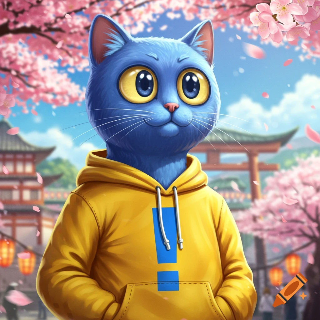 An anime-style blue cat with big yellow eyes wears a yellow hoodie with a blue exclamation point, standing under pink cherry blossoms in a Japanese town.
