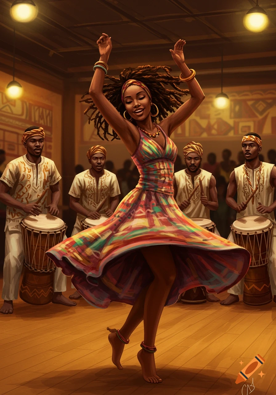 An Afro-Caribbean woman dances with arms raised and flowing dress, while men play traditional drums in a vibrant illustration.