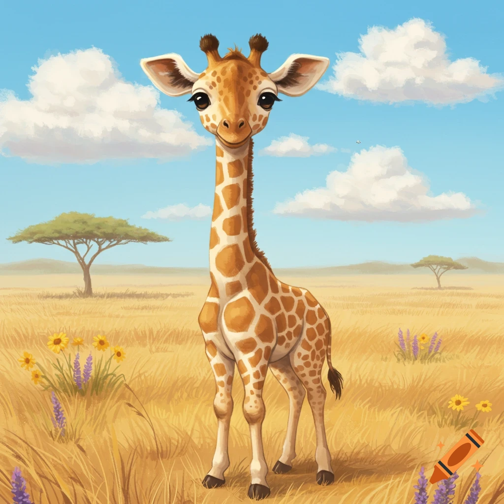 A cute cartoon baby giraffe stands in a sunny savanna with trees, yellow and purple flowers, and a blue sky.