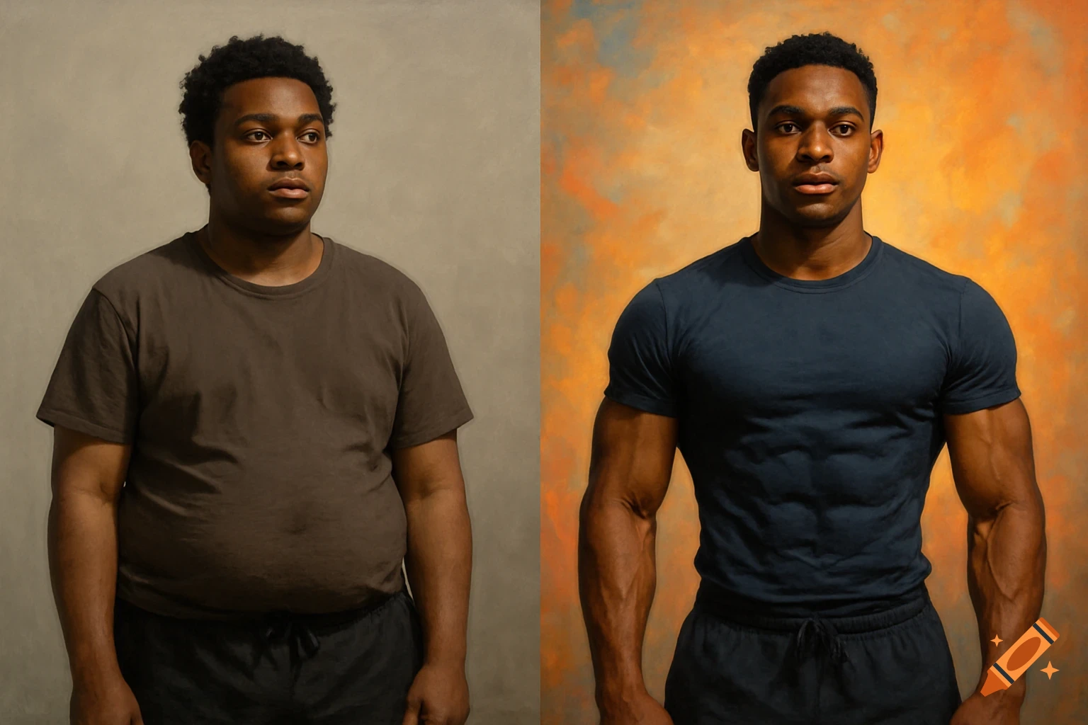 A before and after comparison of a Black man's fitness transformation, from a heavier physique in a brown shirt to a muscular physique in a blue shirt.