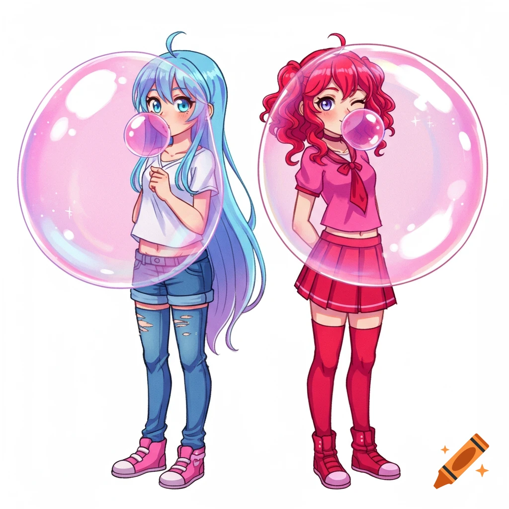 Two anime girls with long hair, one blue and one pink, blowing enormous pink bubblegum bubbles on a white background.