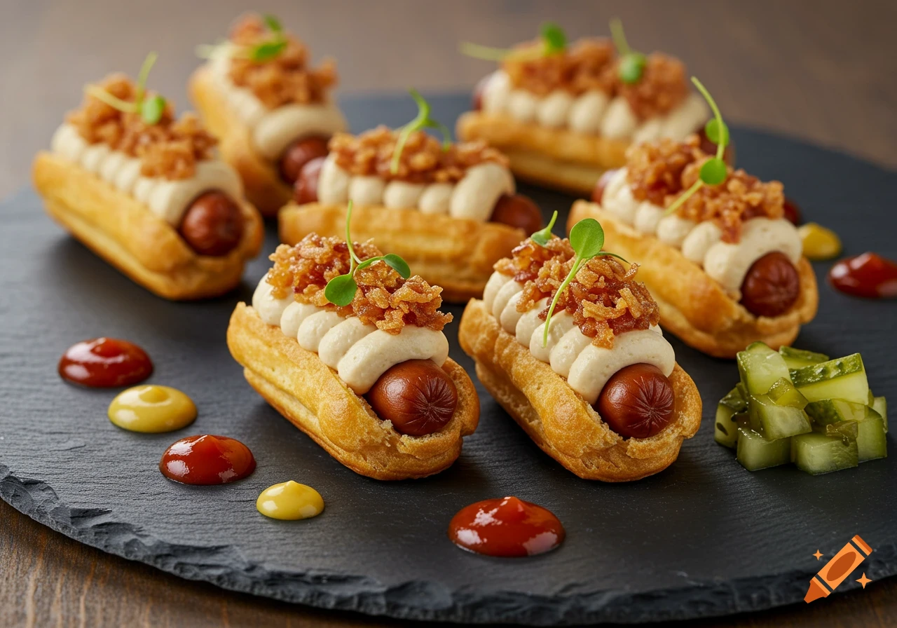 Gourmet hot dog appetizers in choux buns with mousse, crispy onions, sauces, and pickled cucumbers on a black slate plate, photorealistic.