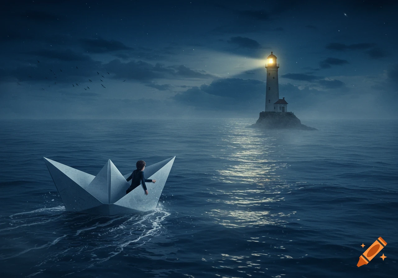 A person in a paper boat sails across a dark, wavy sea at night towards a distant, glowing lighthouse under a cloudy, starry sky.
