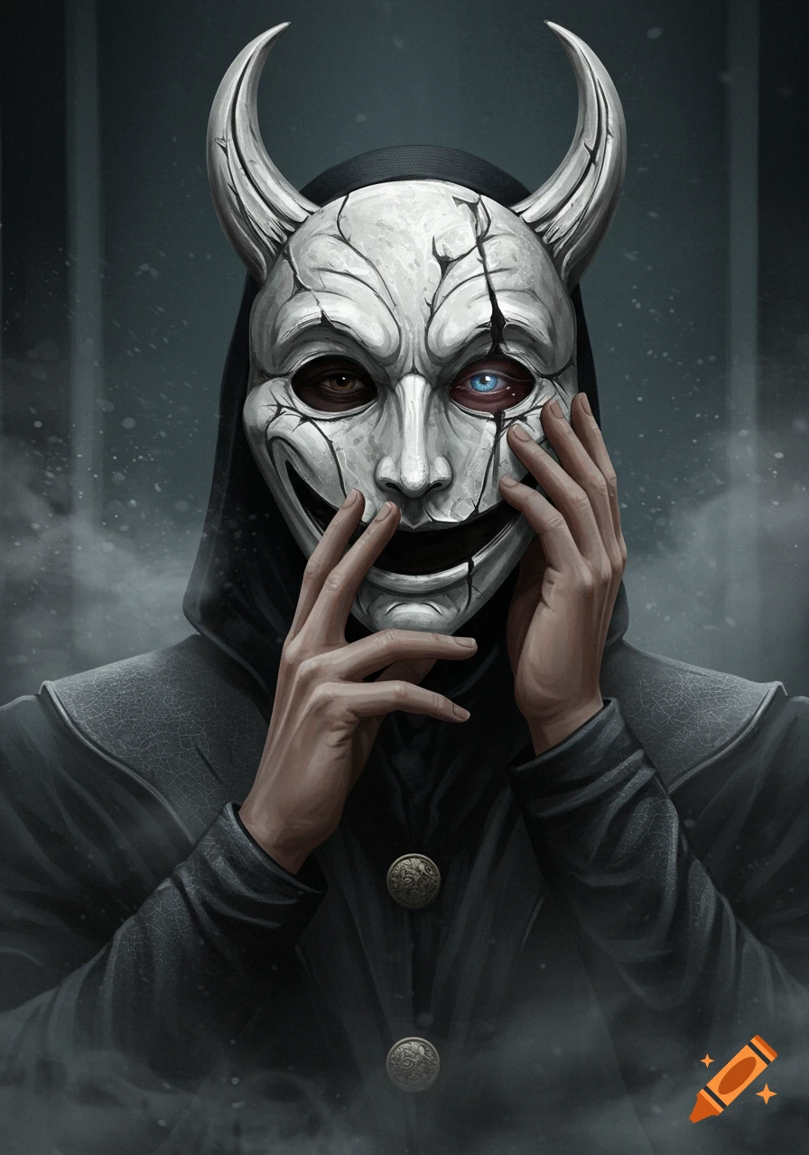 A person in a black hooded robe wears a cracked white horned mask, pulling it aside to reveal a brown eye and a blue eye. Dark, atmospheric art.