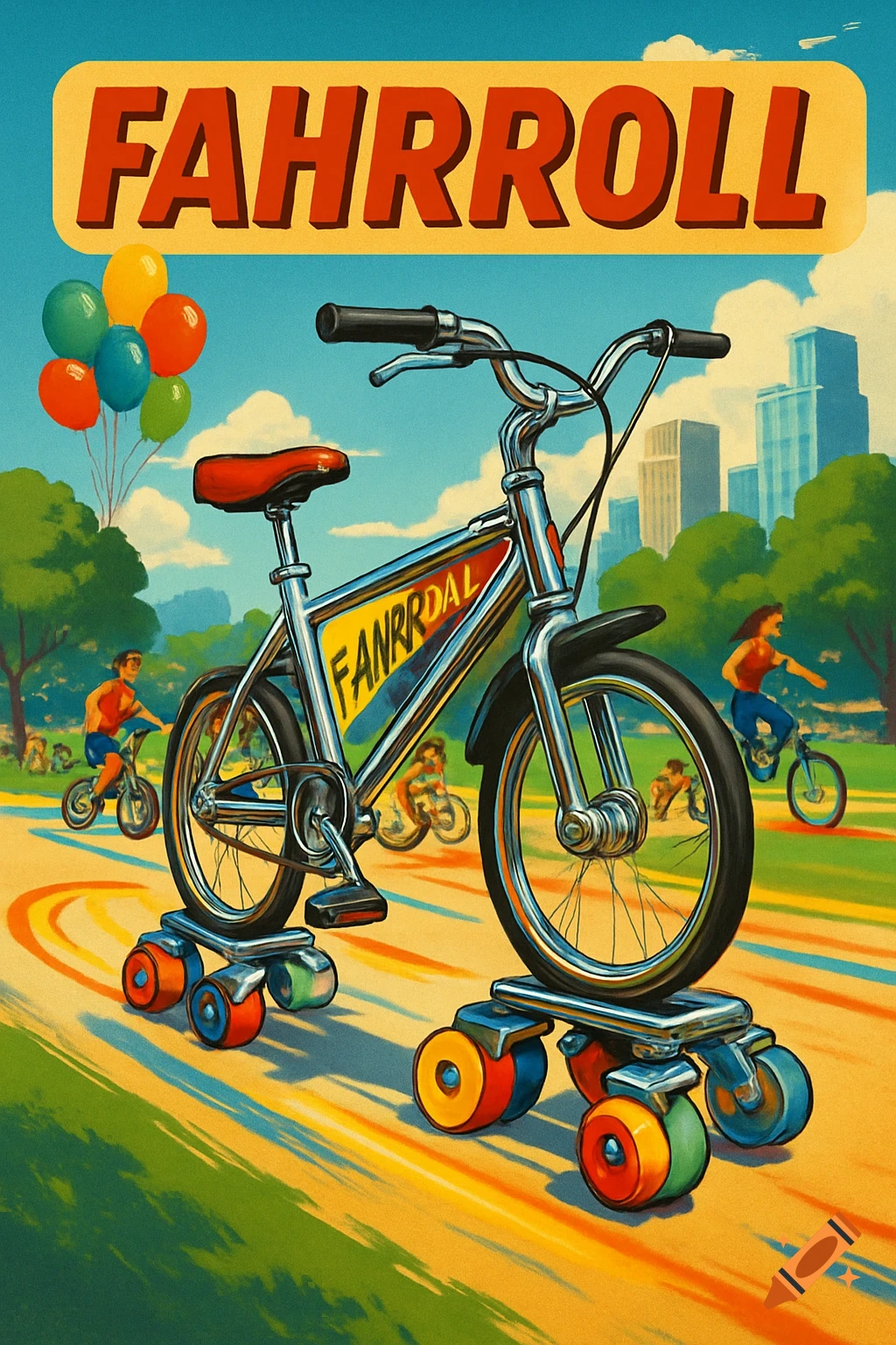 A retro-style poster advertising a "Fahrroll," a bicycle with roller skate wheels instead of tires, in a park where people are cycling and skating.