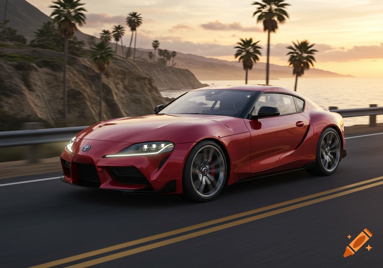 A red Toyota Supra sports car drives along a scenic coastal road with palm trees at sunset.