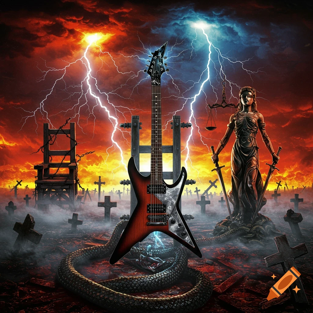 Electric guitar, Lady Justice statue, and an electric chair in a graveyard under a stormy sky with lightning, in a heavy metal album cover style.