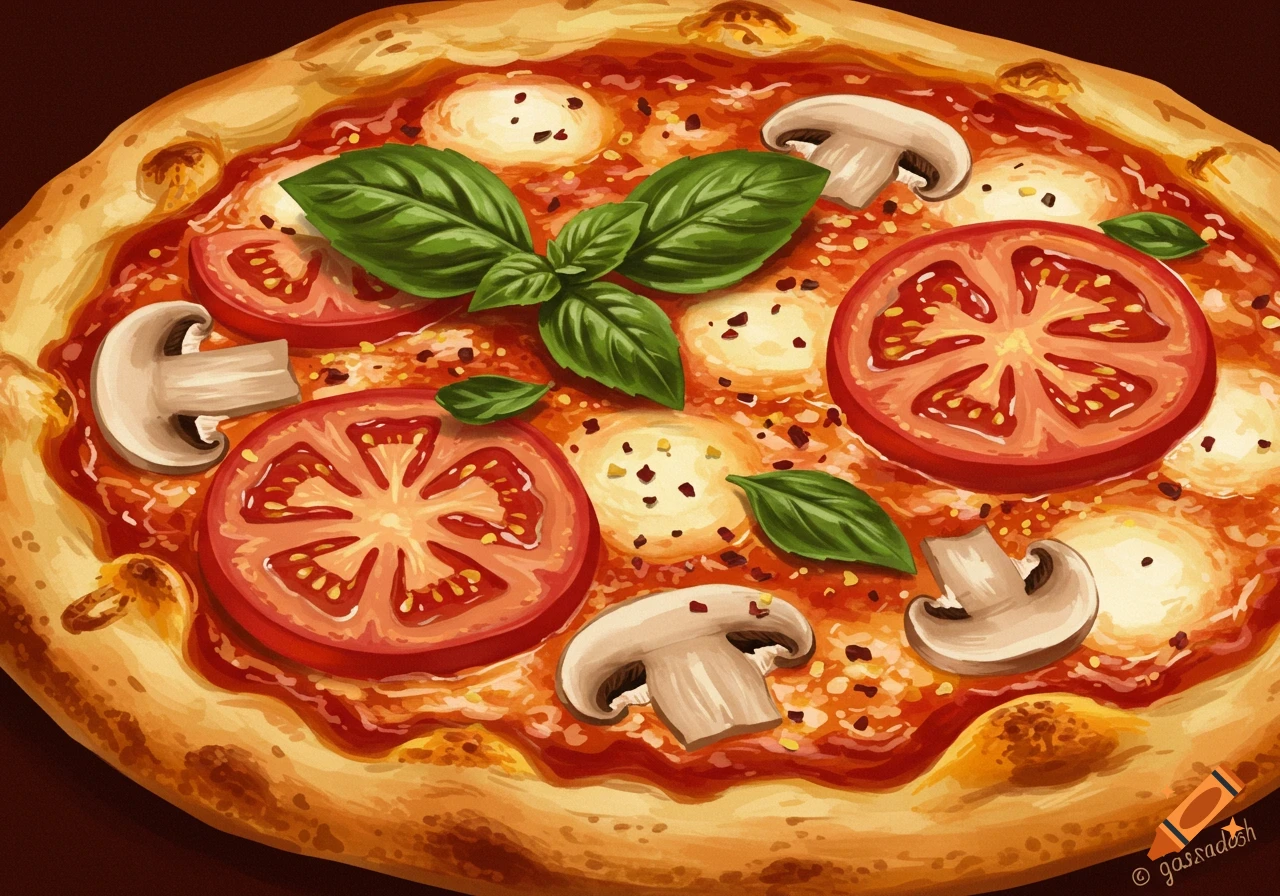 A vibrant, illustrative close-up of a pizza topped with fresh basil, sliced tomatoes, mozzarella, and mushrooms.