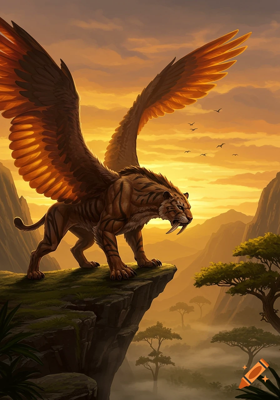 A majestic winged sabertooth tiger stands on a cliff overlooking a misty valley at sunset, fantasy art.