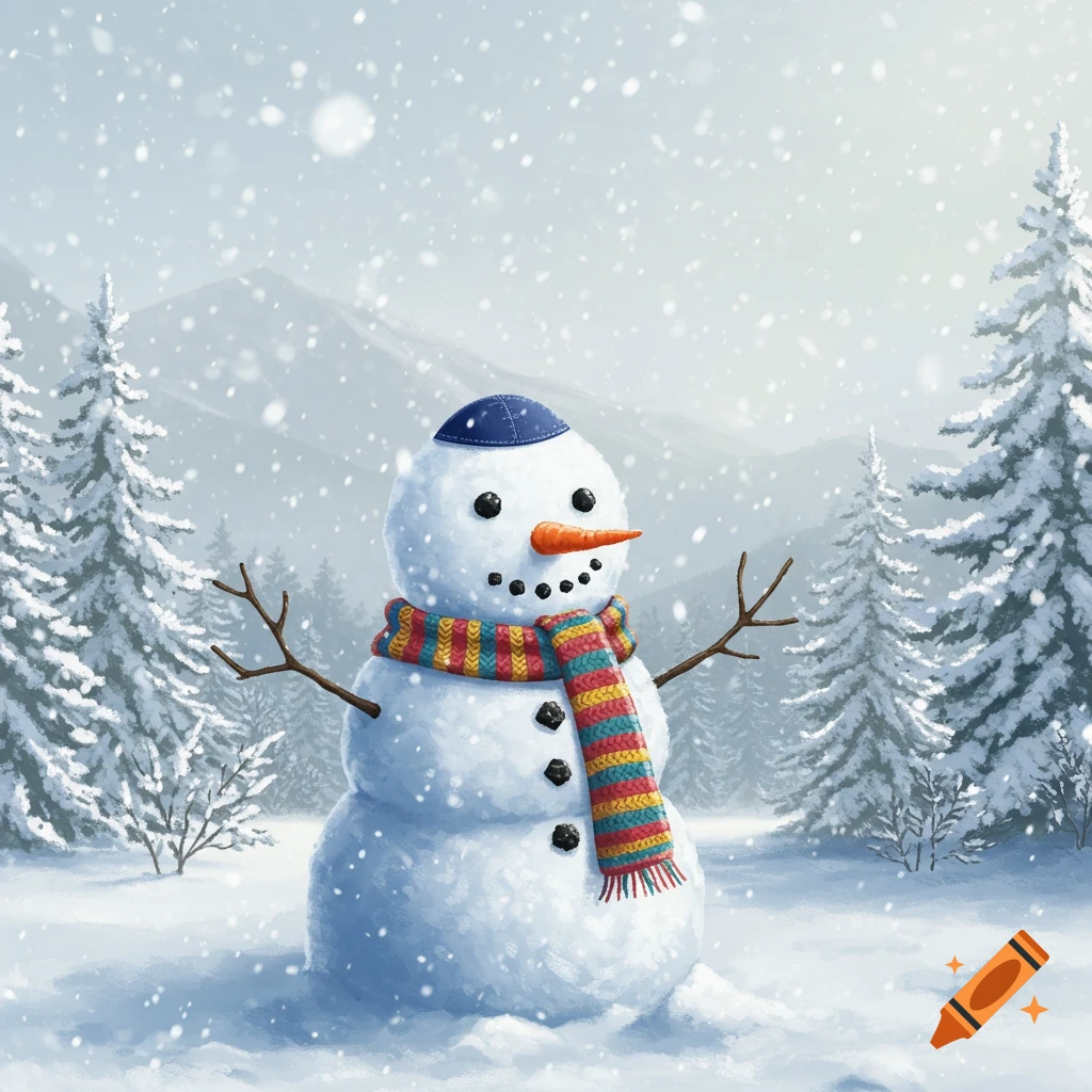 A snowman wearing a blue kippa and a colorful striped scarf stands in a snowy forest with falling snow.