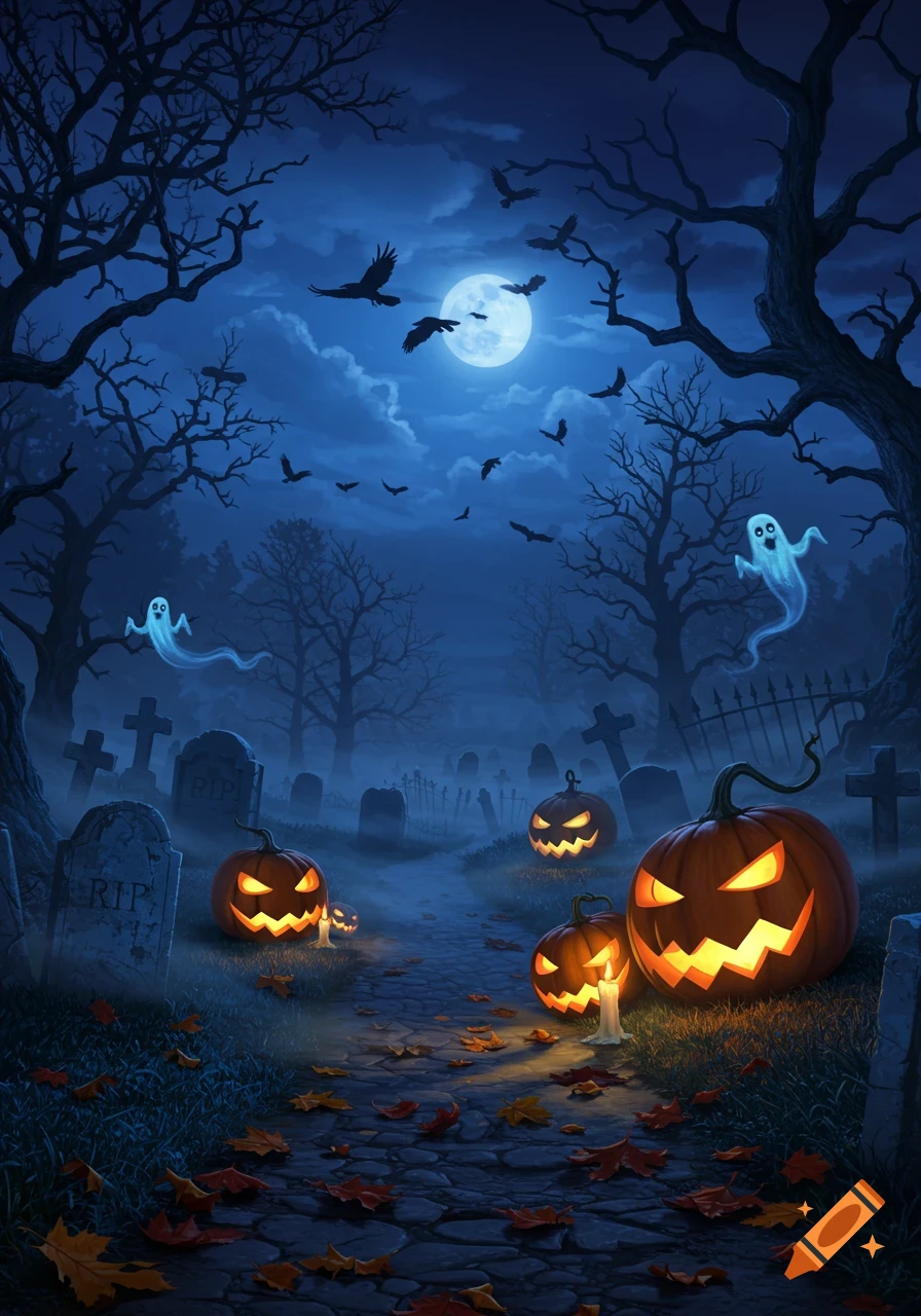 A spooky Halloween graveyard at night with glowing jack-o'-lanterns, flying ghosts, bare trees, bats, and a full moon.