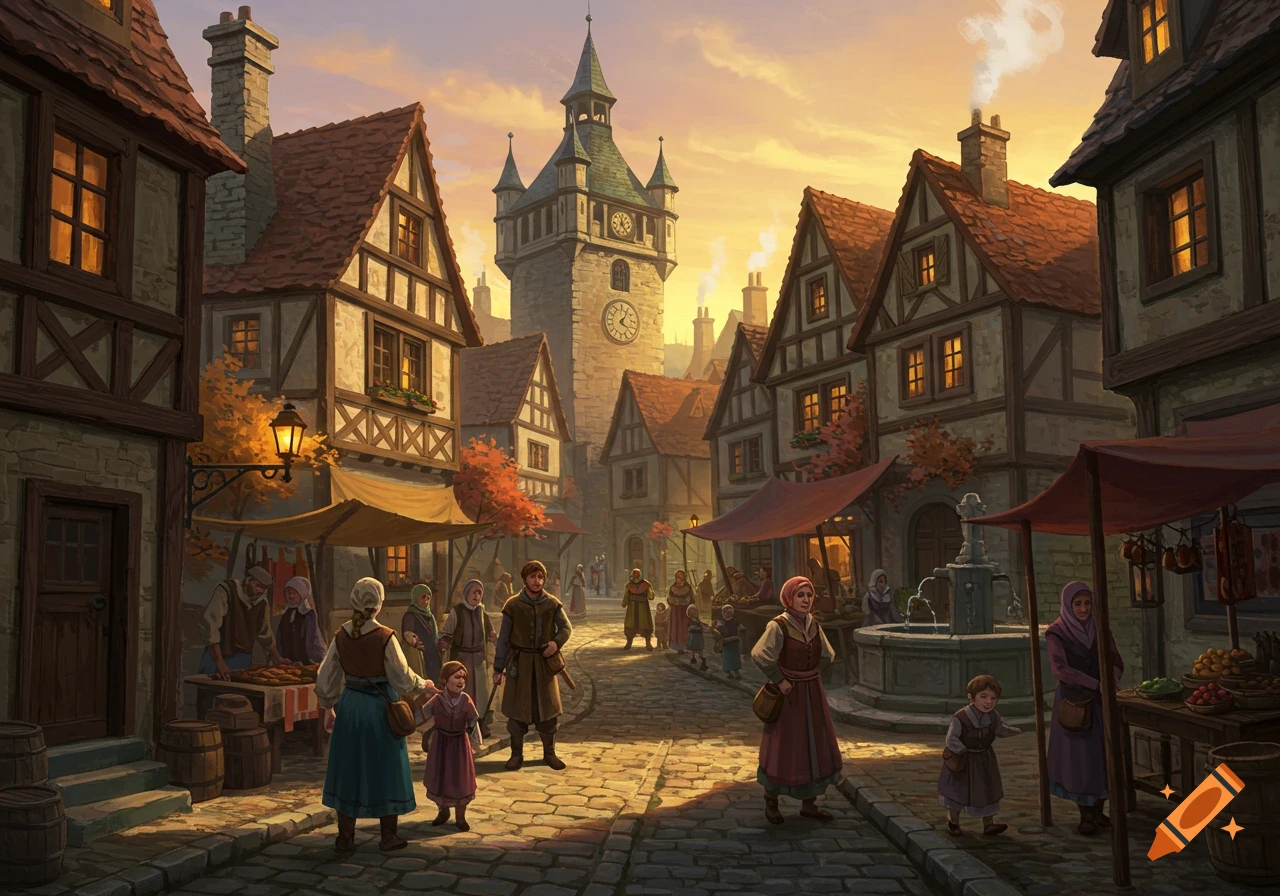 A bustling medieval town square at sunset, with half-timbered houses, a clock tower, market stalls, and people walking on cobblestone streets.