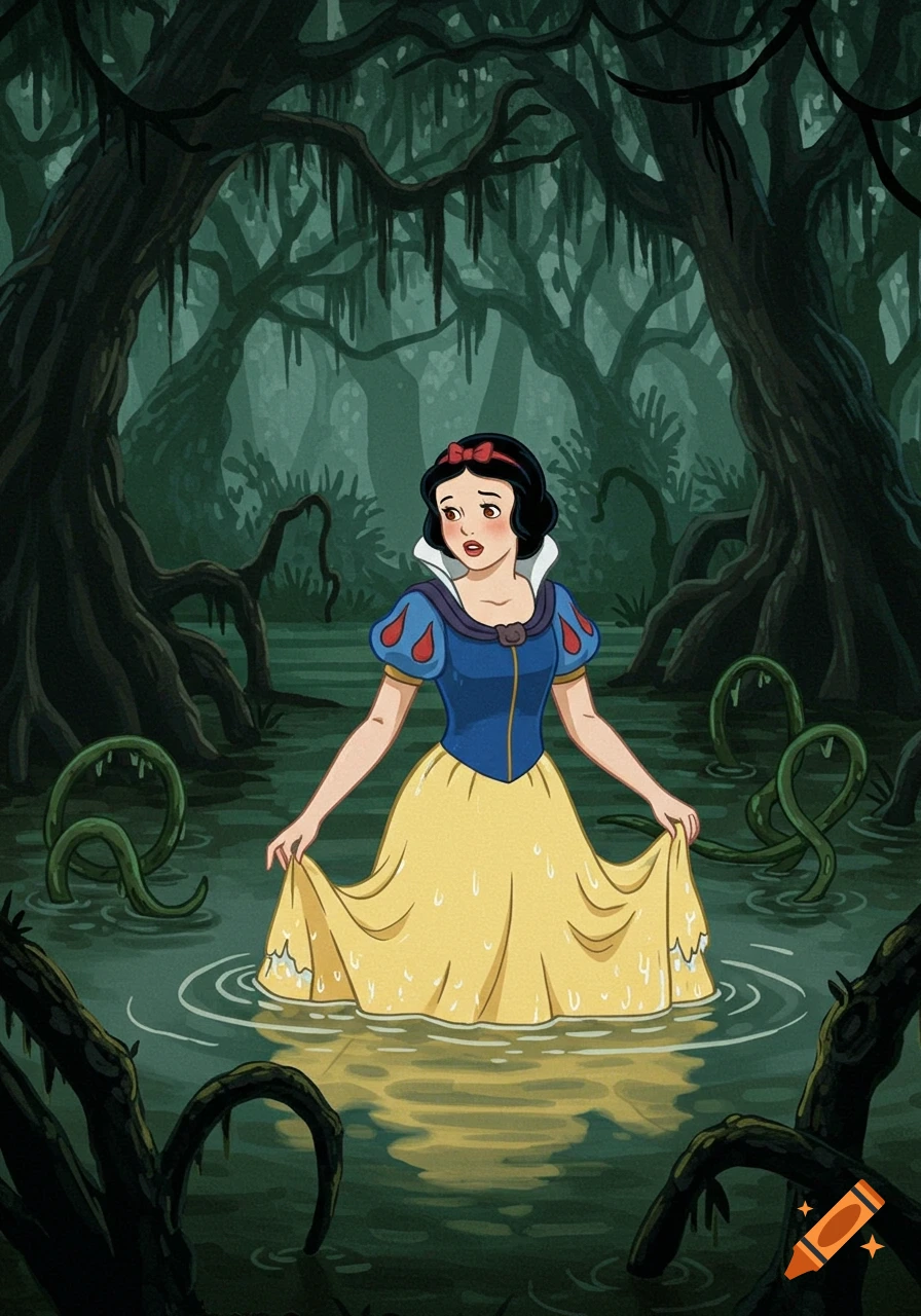 Snow White stands hip-deep in dark swamp water, holding up her yellow dress, surrounded by gnarled trees and eerie vines, in a 2D animated style.