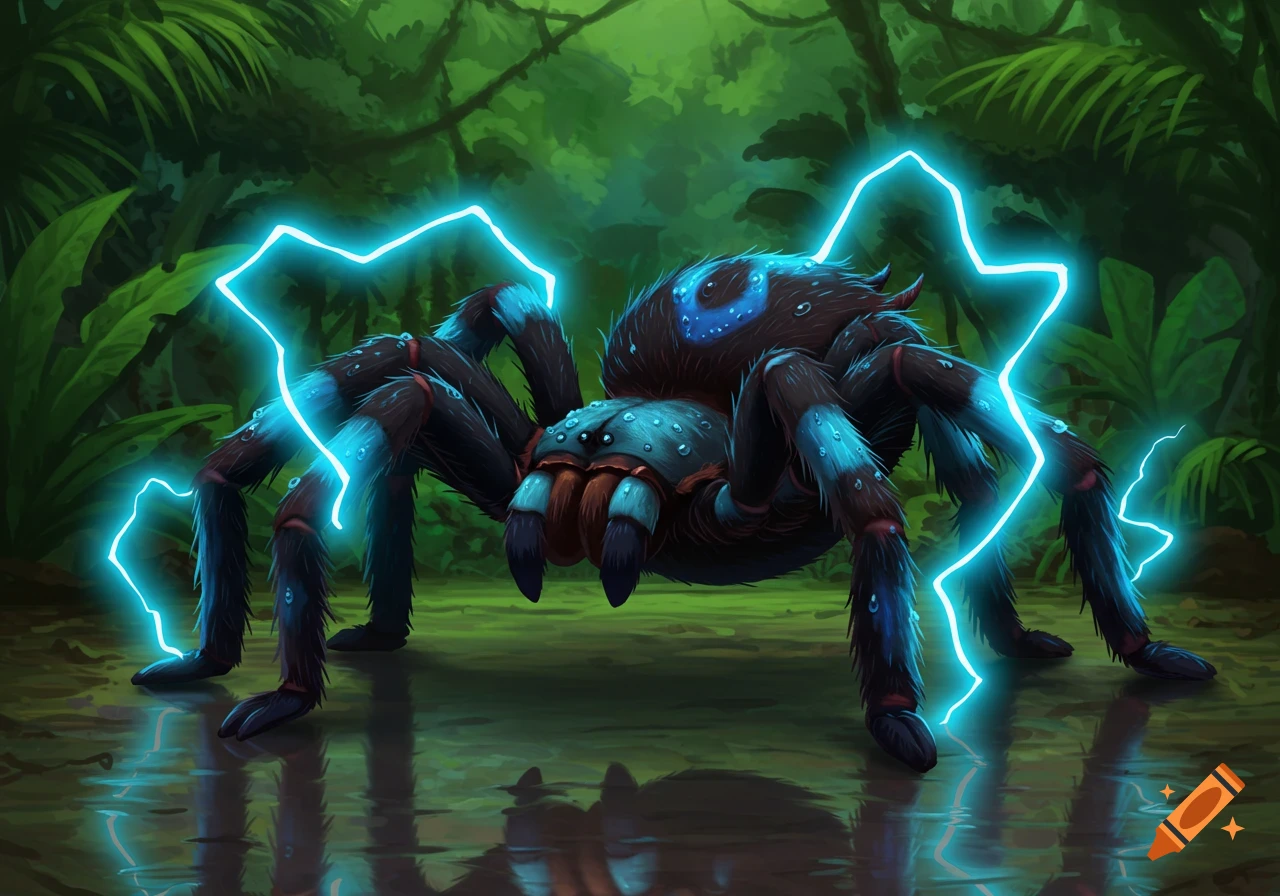 A giant blue and black tarantula with blue electricity coursing around it, in a jungle, rendered in a Pokémon style.