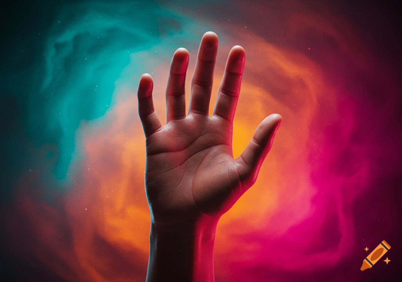 A close-up of an open human hand reaching upwards against a vibrant, swirling background of teal, orange, and magenta nebula-like colors.
