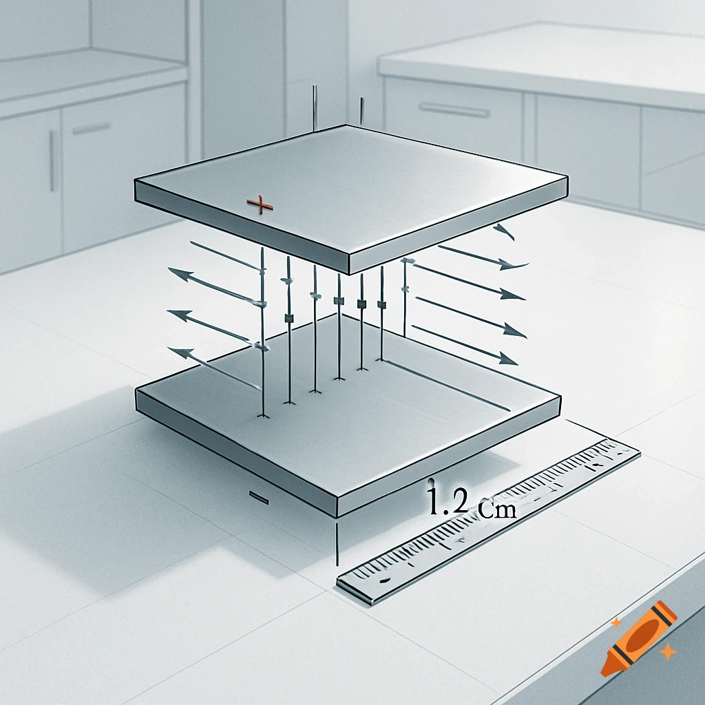 A diagram of a parallel plate capacitor showing homogeneous electric field lines between two plates, labeled with plus and minus charges. A ruler measures 1.2 Cm below the bottom plate.