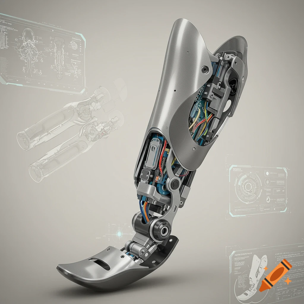 A detailed view of a silver and black prosthetic leg with internal wiring and components, against a light background with holographic diagrams.