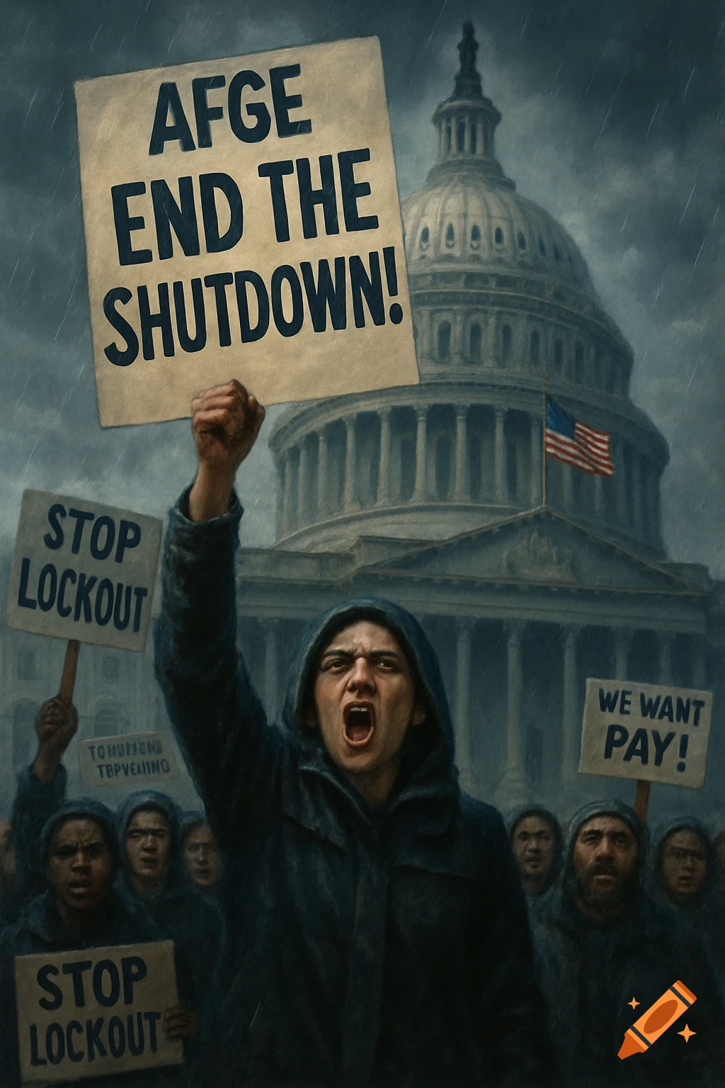A moody painting of protesters in the rain outside the US Capitol building, demanding an end to a shutdown.