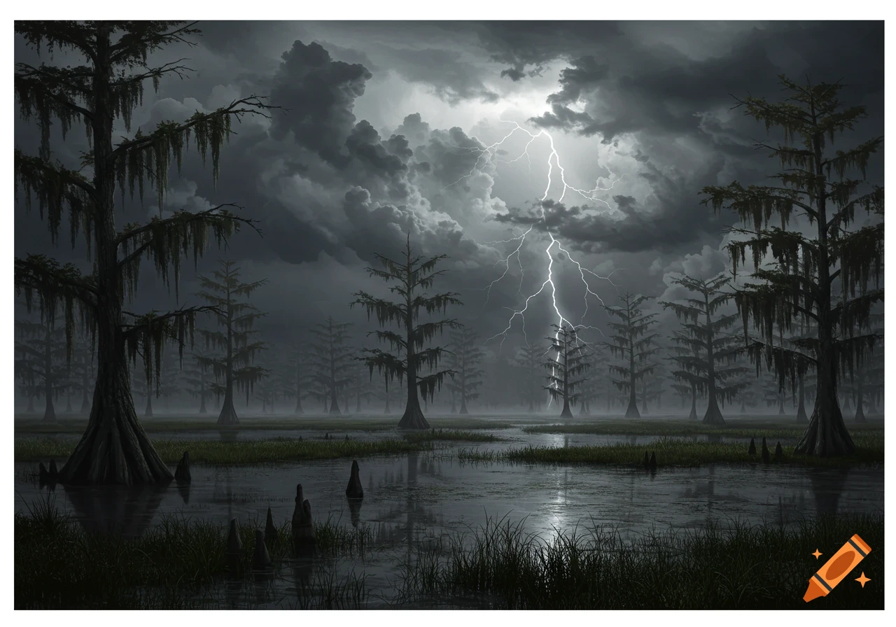 A dark and stormy swamp scene with cypress trees, reflective water, and a bright lightning bolt striking down from heavy, dark clouds.