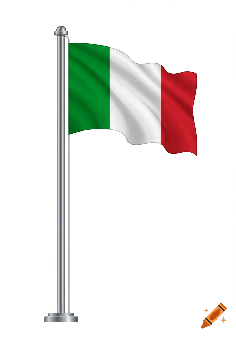 A waving Italian flag with green, white, and red vertical stripes on a silver flagpole against a white background.
