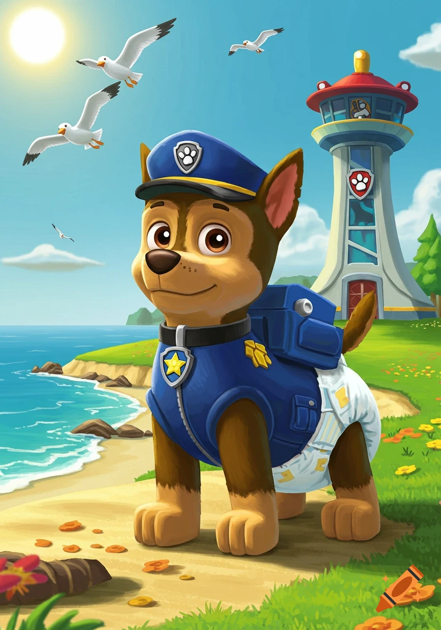 Cartoon dog Chase from Paw Patrol in uniform and diaper on a sunny beach with a lighthouse and seagulls.