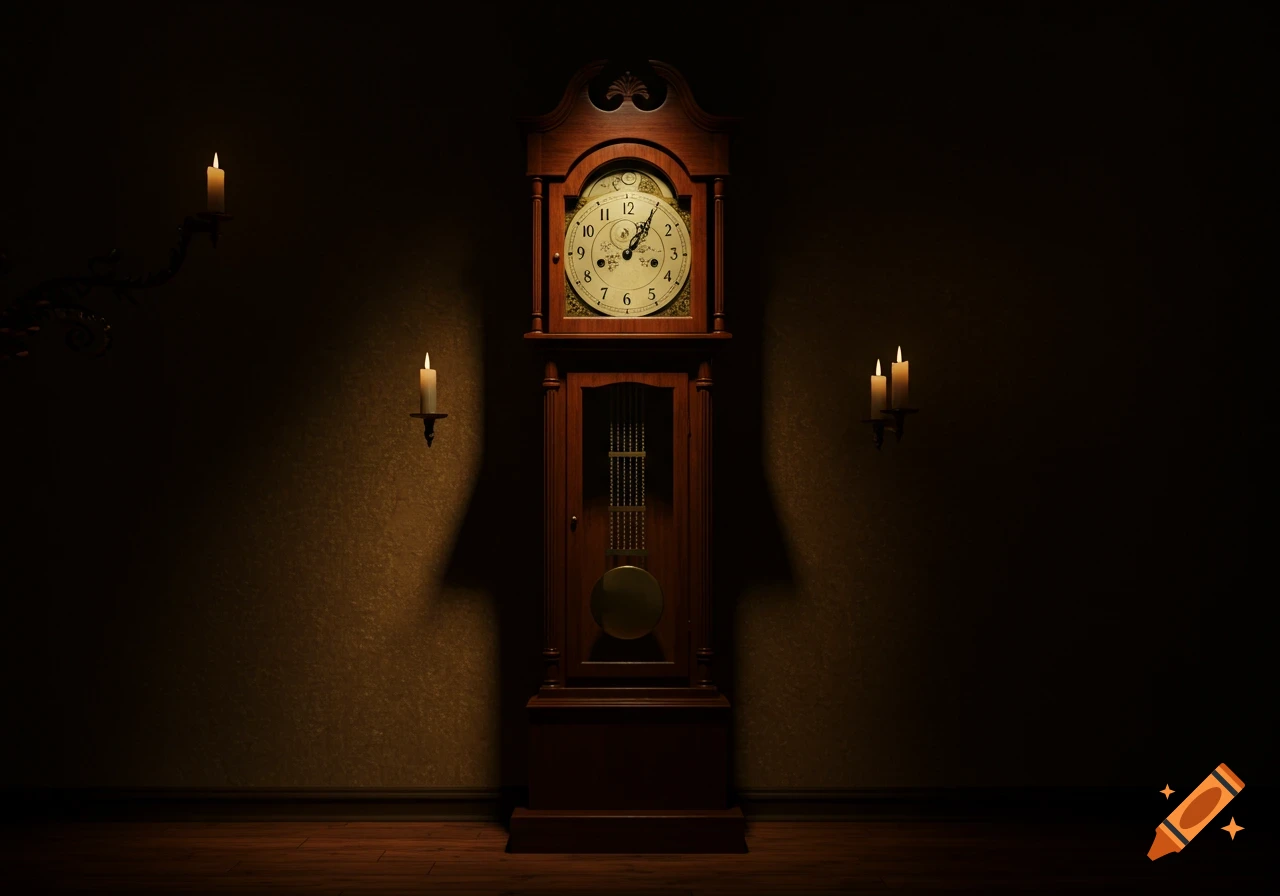 A vintage grandfather clock stands in a dimly lit room, illuminated by flickering candles on the dark walls.