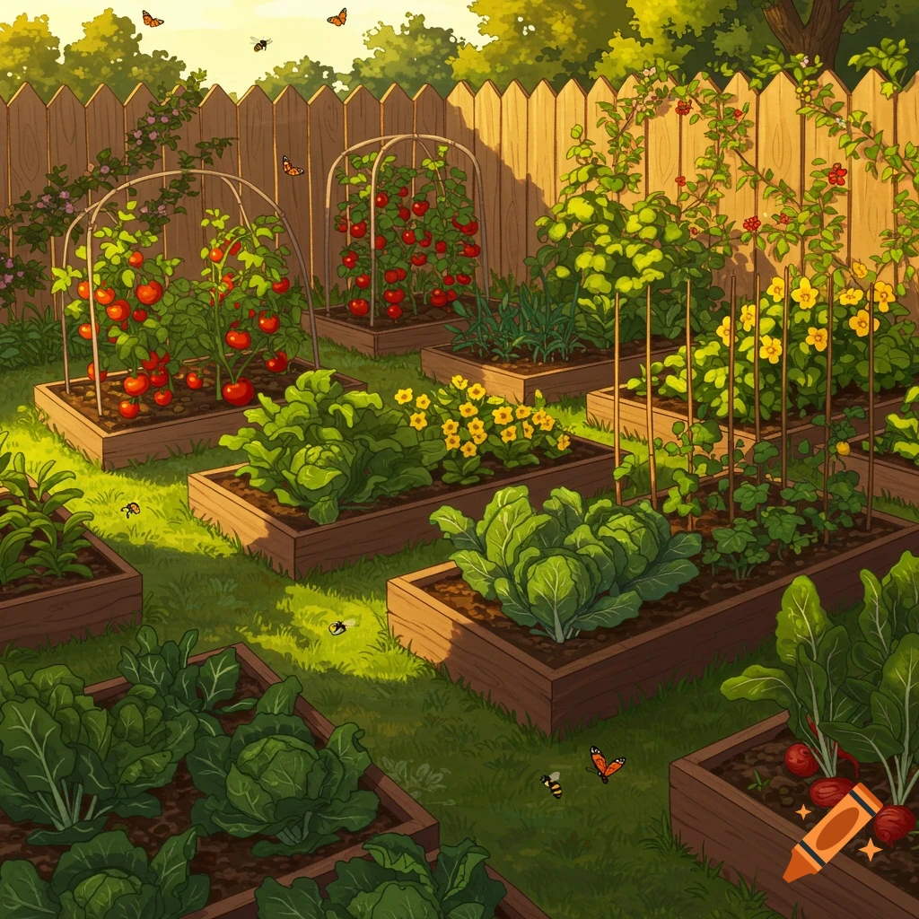An illustrated, sunny vegetable garden with raised beds of tomatoes, cabbage, and greens, with bees and butterflies flying near a wooden fence.