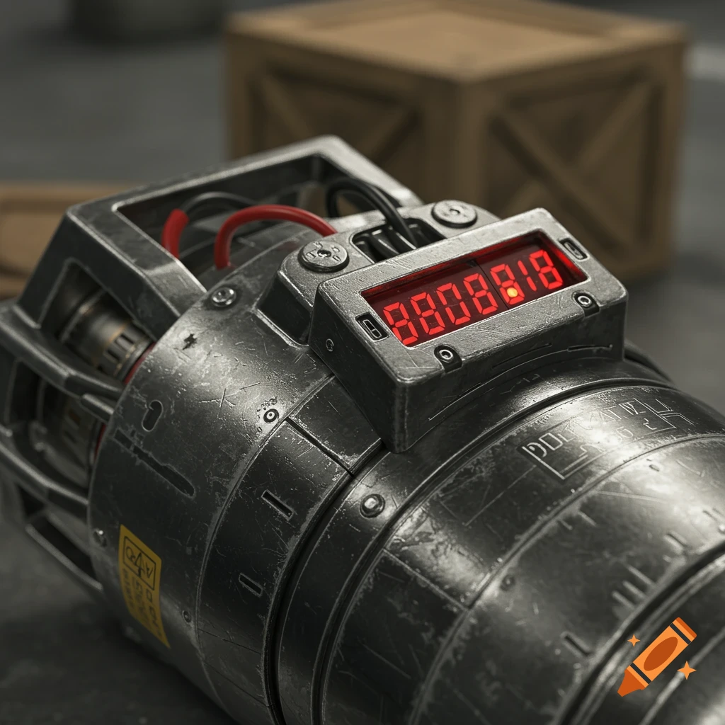 Close-up of a detailed, metallic bomb with a red digital display showing '880818' and exposed wires.