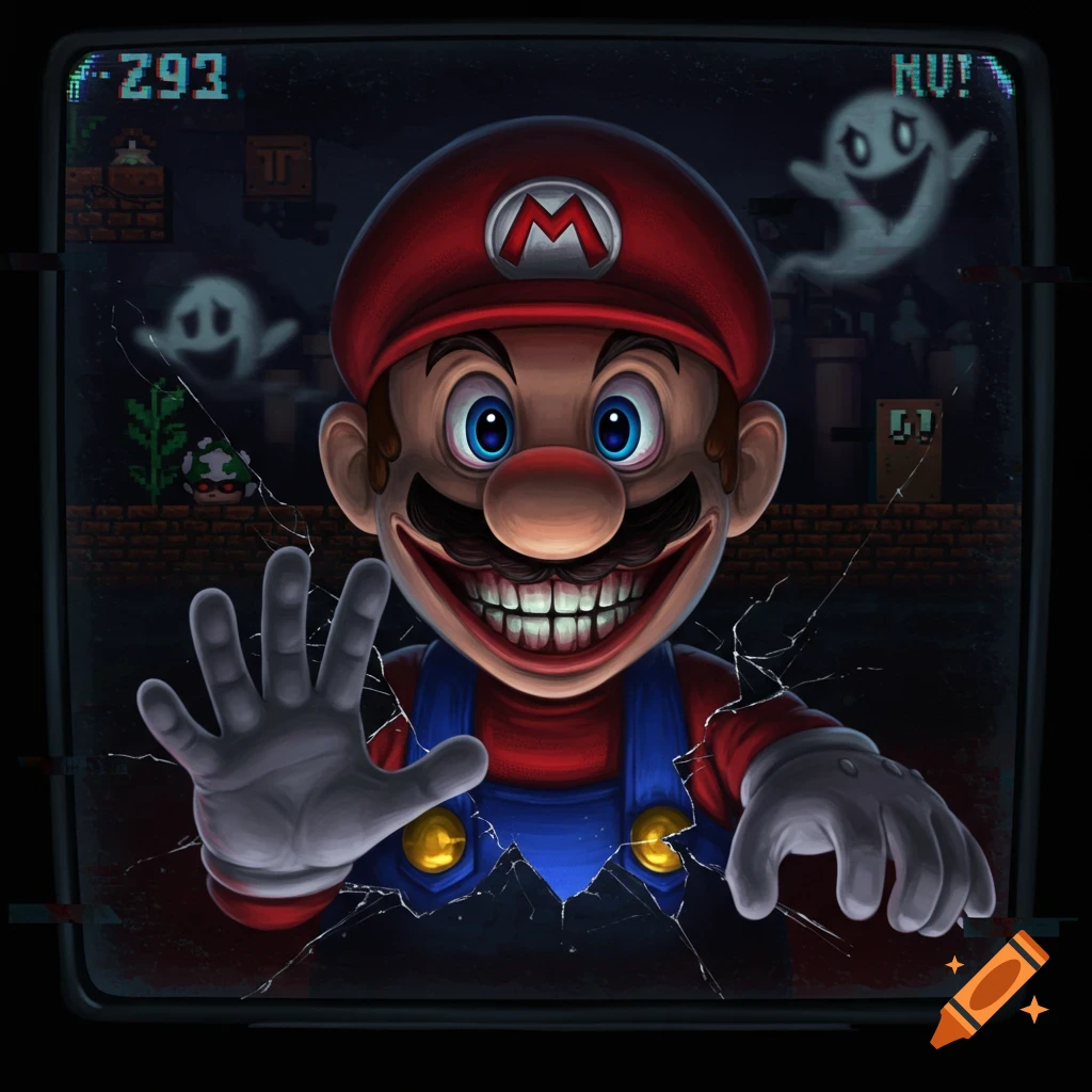 Horror art of Mario with a wide, toothy grin reaching through a cracked screen, in a pixelated game world with ghosts.