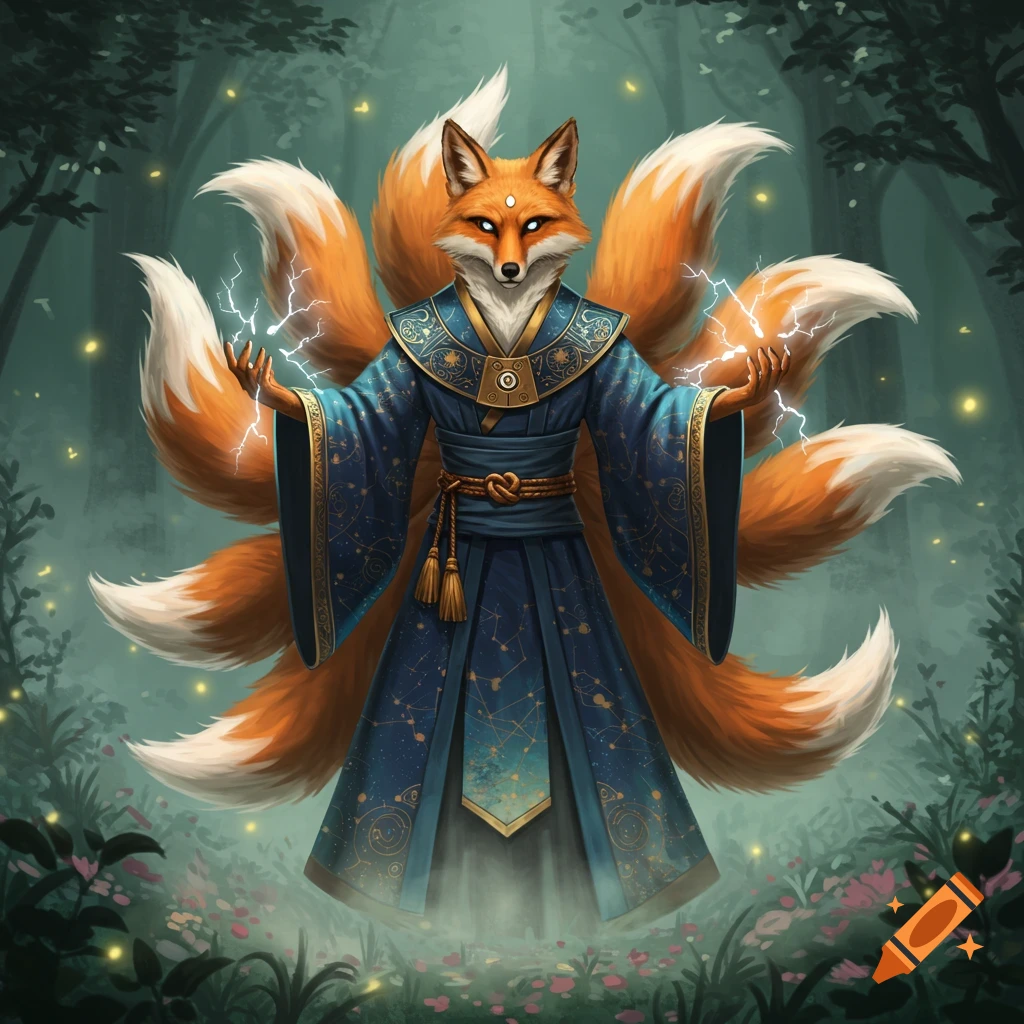 A mystical kitsune wizard in a blue and gold robe stands in a forest, casting bolts of lightning from its hands, with nine bushy tails fanned out.