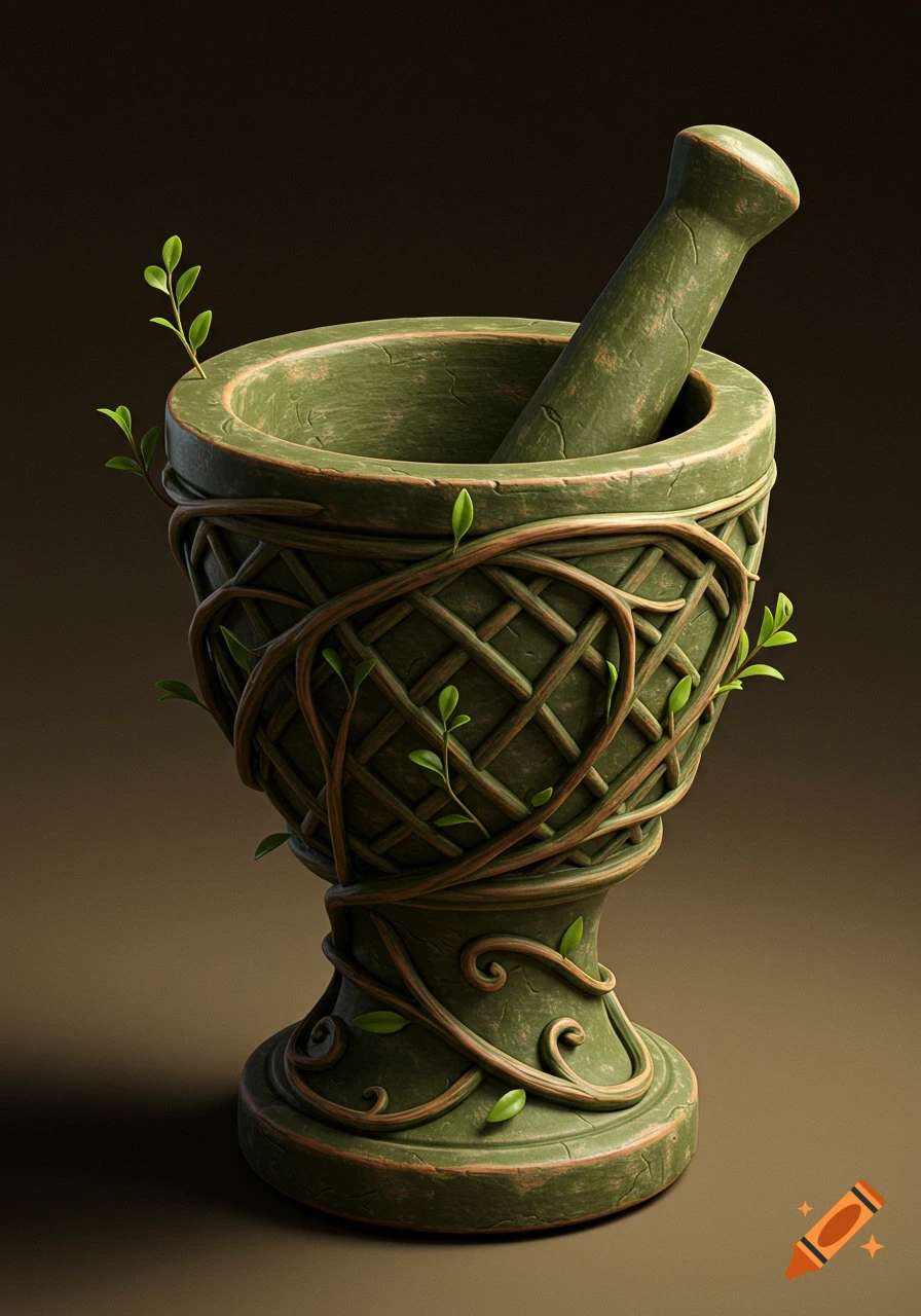 A textured green mortar and pestle adorned with intertwining brown vines and small green leaves, set against a dark background.